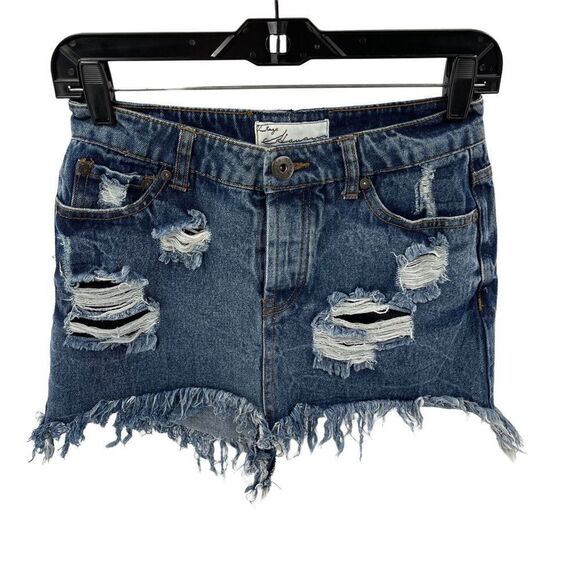 Vintage Havana distressed mini skirt button fly denim jean blue 4 26 S - Picture 2 of 11